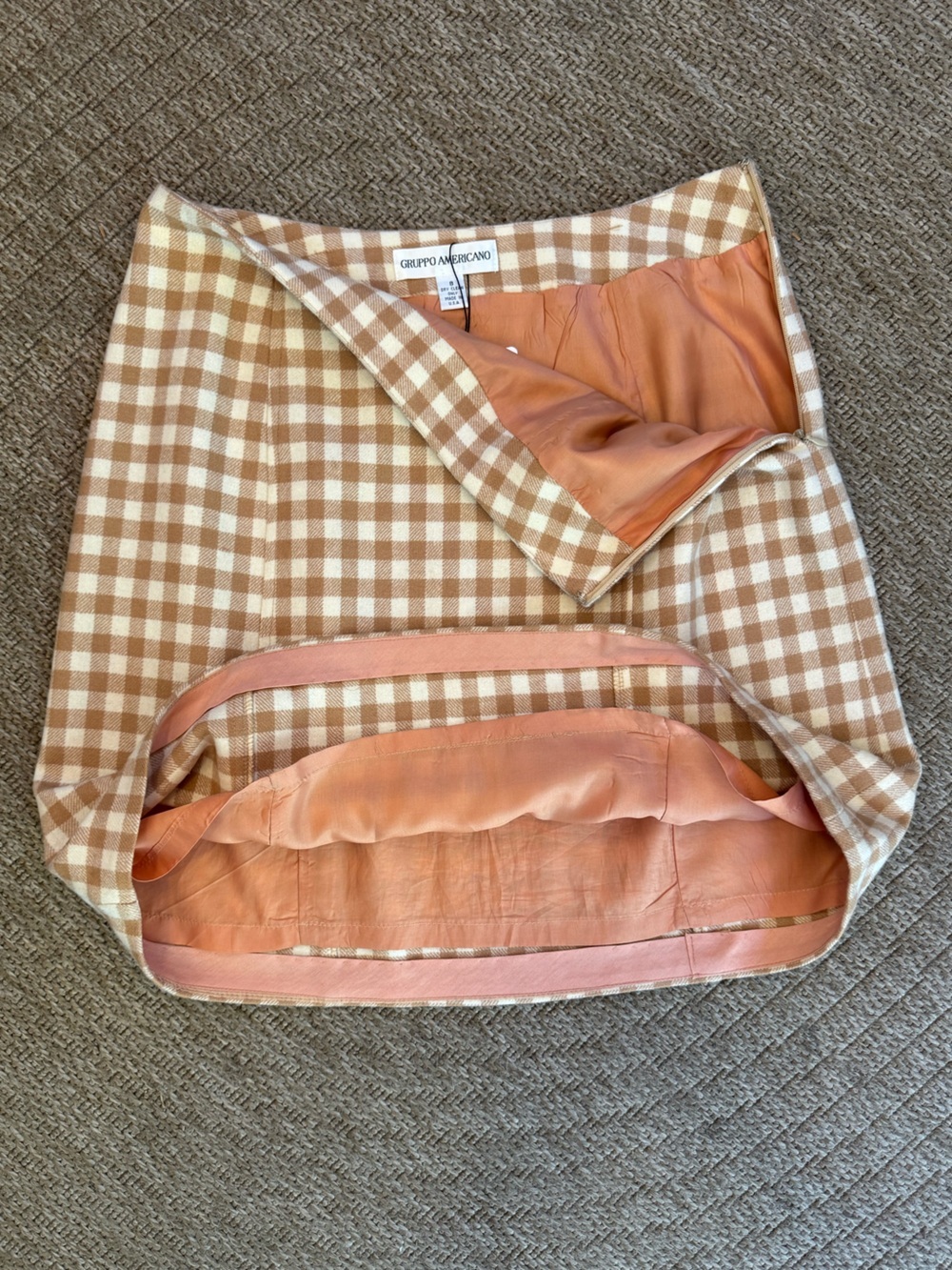 Vintage Gruppo Americano wool miniskirt gingham check ivory cream tan beige 6 - Picture 6 of 11